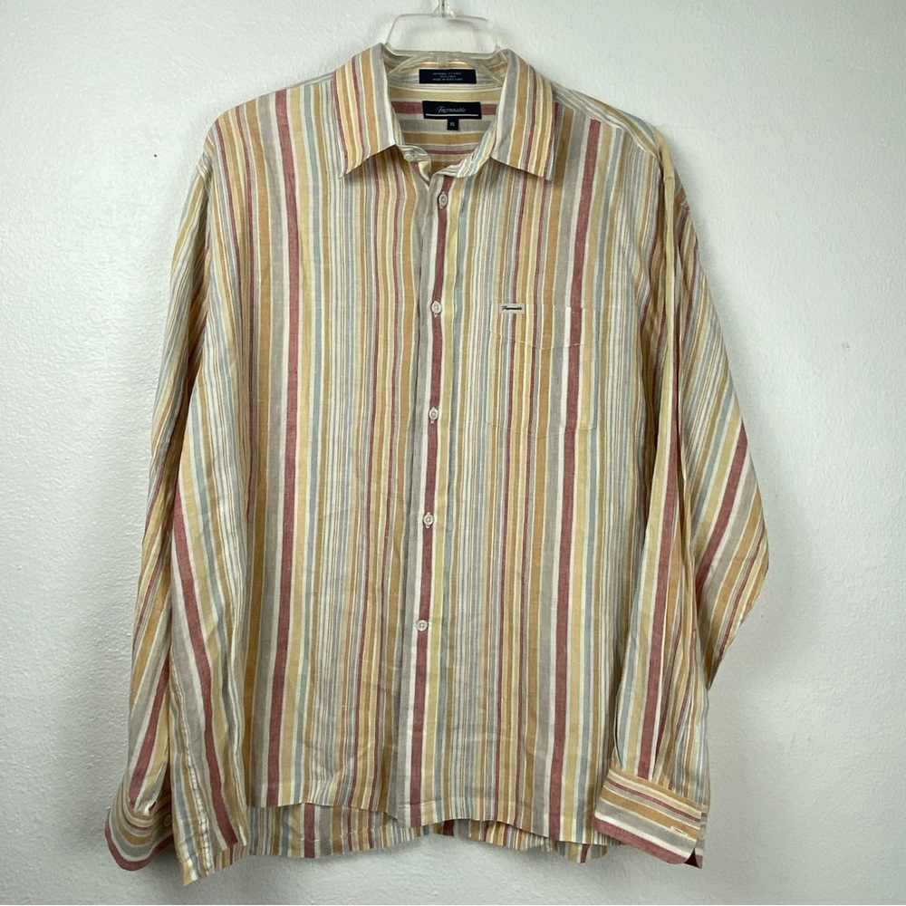 Faconnable XL  Striped 100% Linen Mens Multi-colored Tan Brown Yellow Shirt
